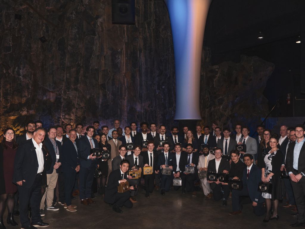 Goodman Gold Challenge Competition participants with Johnathan Goodman, CEO of Dundee Corporation and Dundee Precious Metals in the Vale Cavern, Sudbury.